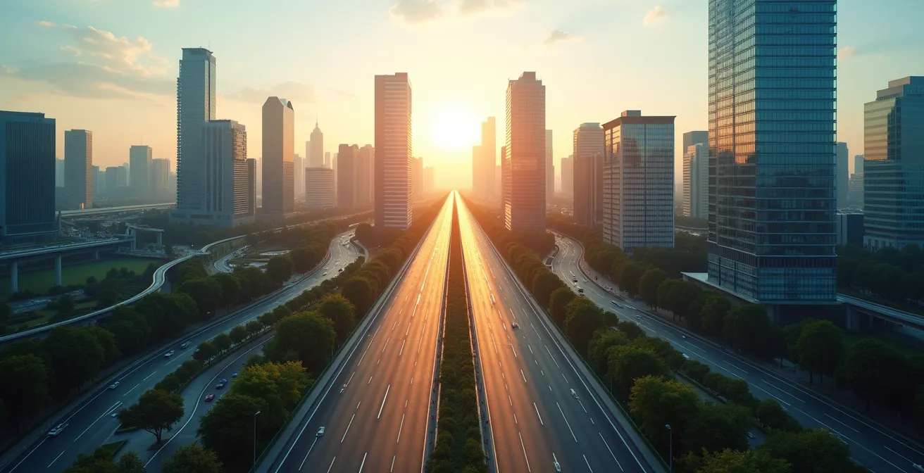 Vue aérienne de deux routes divergentes dans un paysage moderne symbolisant les choix de carrière