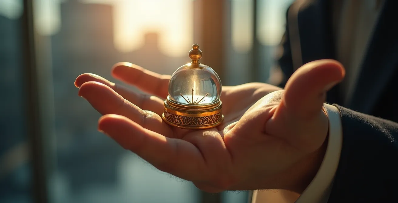 Main tenant une boussole dorée avec reflets lumineux symbolisant la direction stratégique