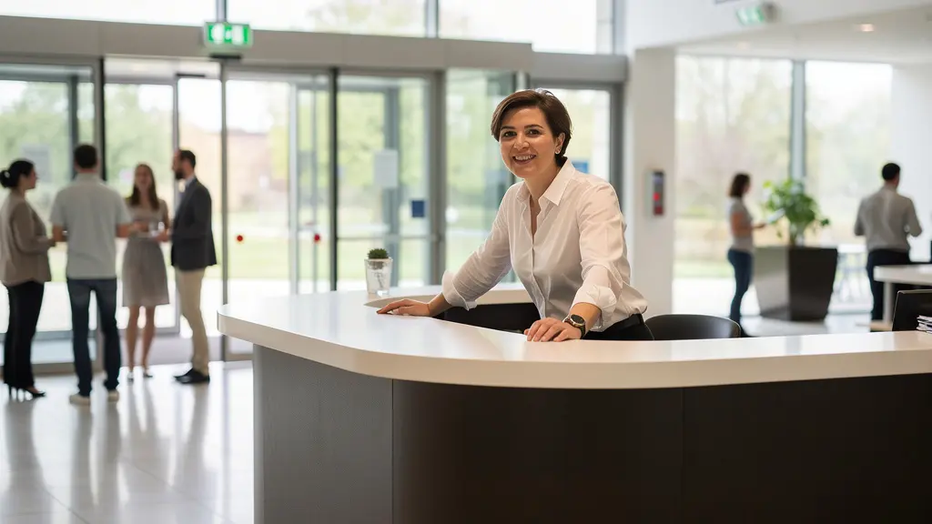 Professionnel accueillant des participants à l'entrée d'un centre de formation moderne