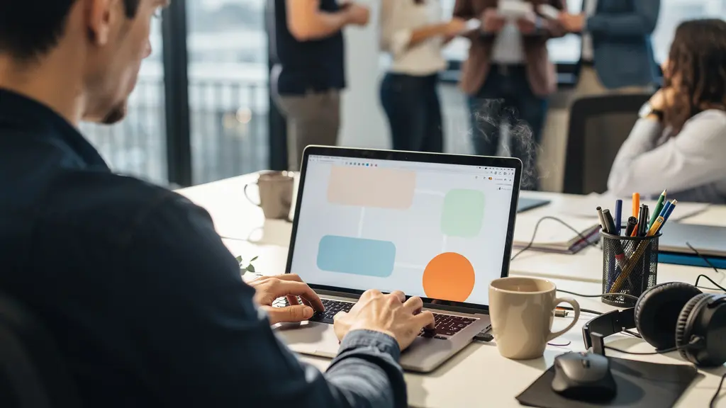 Coordinatrice formation vérifiant les détails de session sur ordinateur portable au bureau