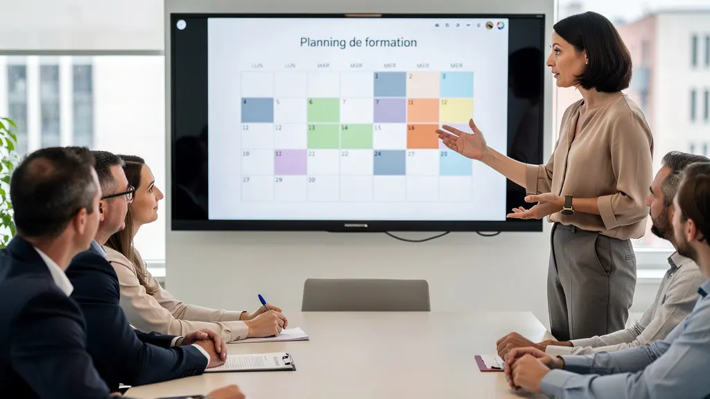 Responsable formation présentant le planning de session à un groupe en salle de réunion moderne