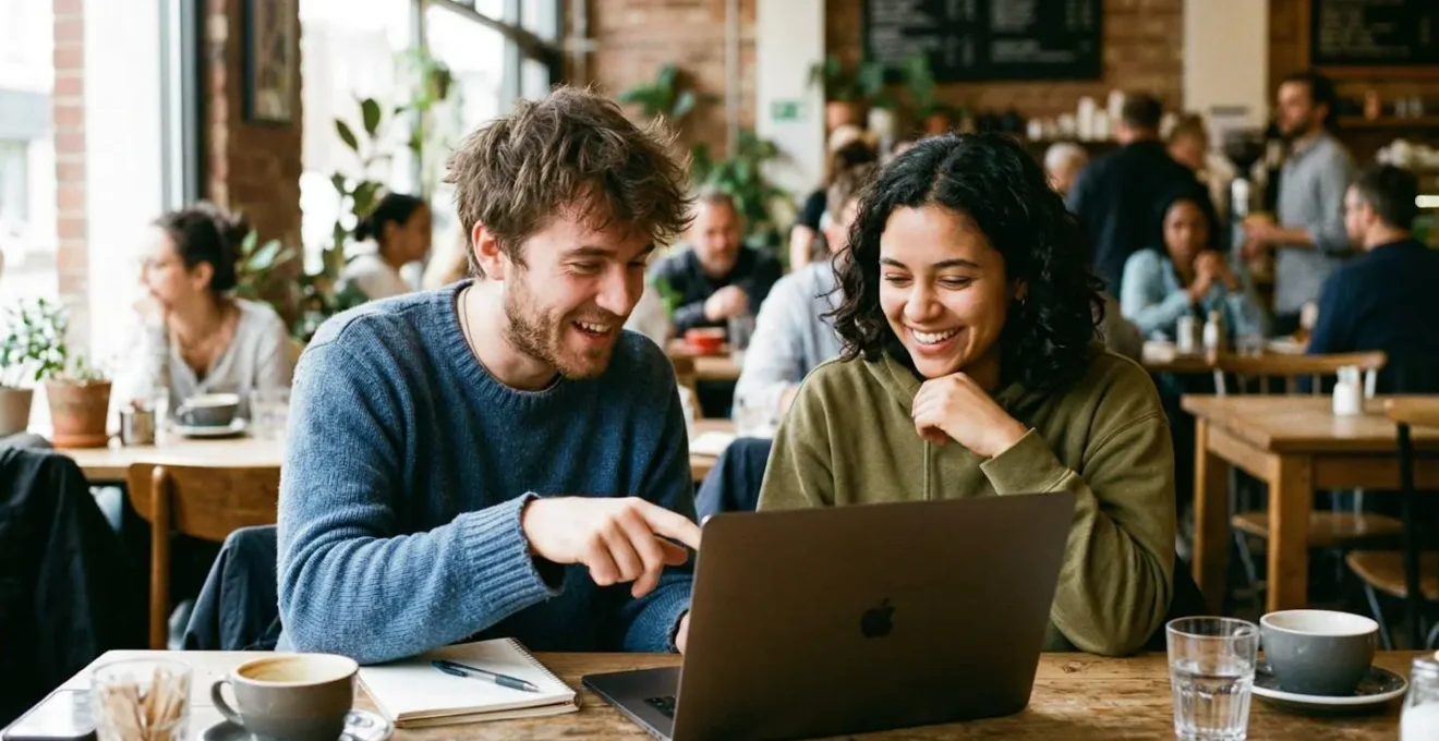 Deux personnes assises côte à côte regardent un écran d'ordinateur portable dans un espace de coworking lumineux