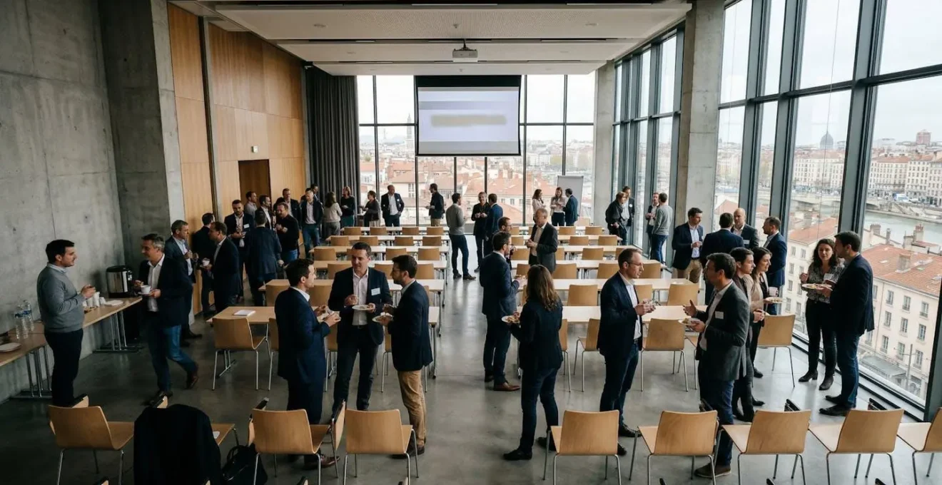Une salle de formation lumineuse avec mobilier contemporain et grandes baies vitrées, quelques professionnels debout échangent pendant une pause