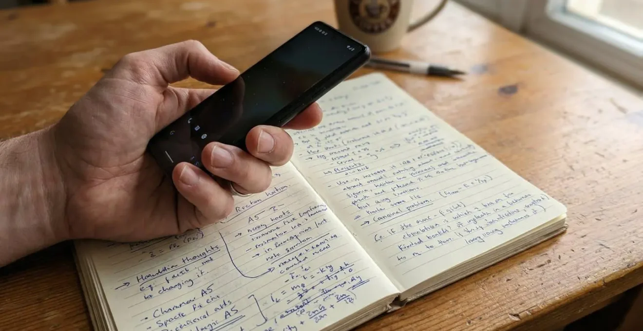 Une main tient un smartphone au-dessus d'un carnet ouvert avec des notes manuscrites sur une table en bois