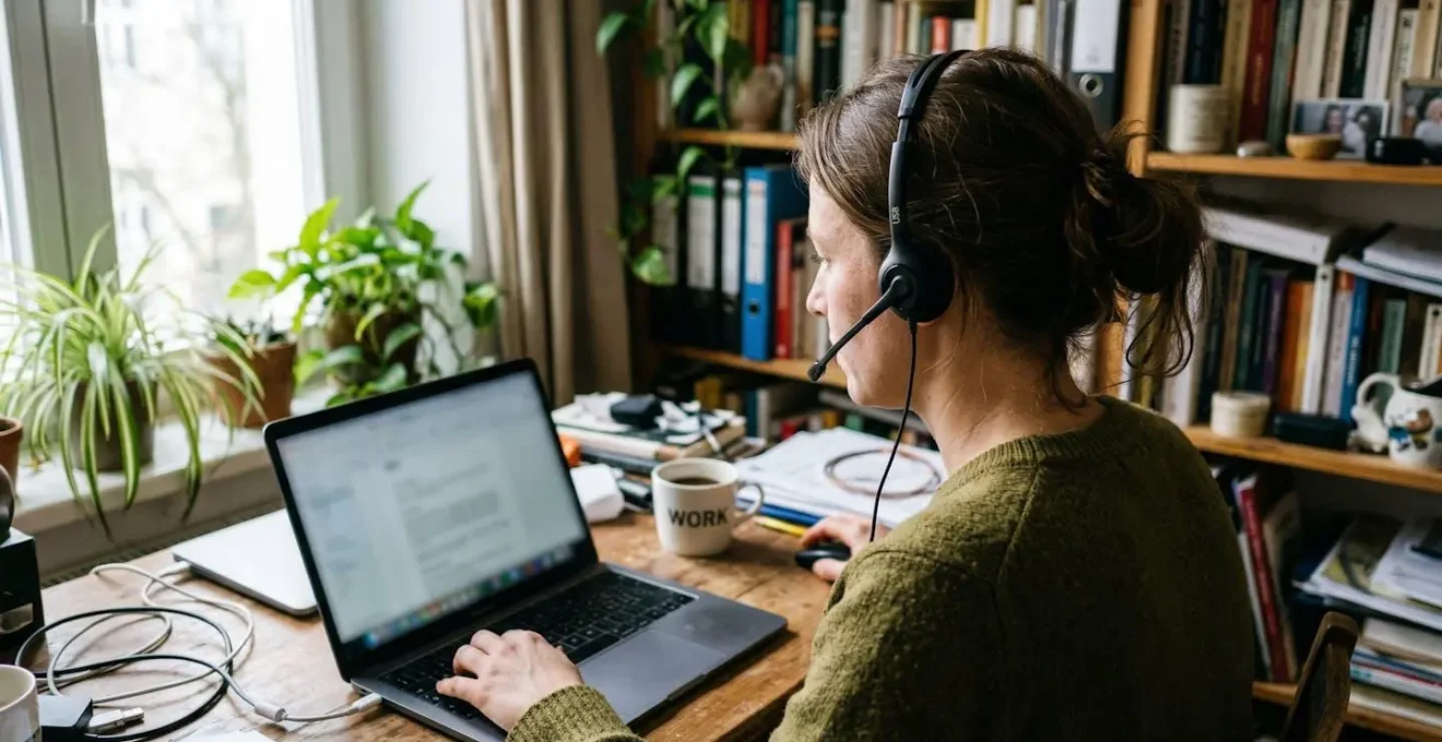Une femme de dos porte un casque audio devant son ordinateur portable dans un bureau à domicile baigné de lumière naturelle