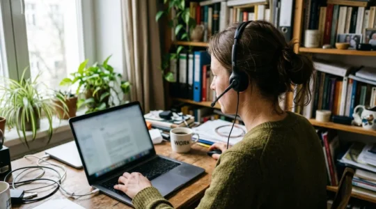 Une femme de dos porte un casque audio devant son ordinateur portable dans un bureau à domicile baigné de lumière naturelle