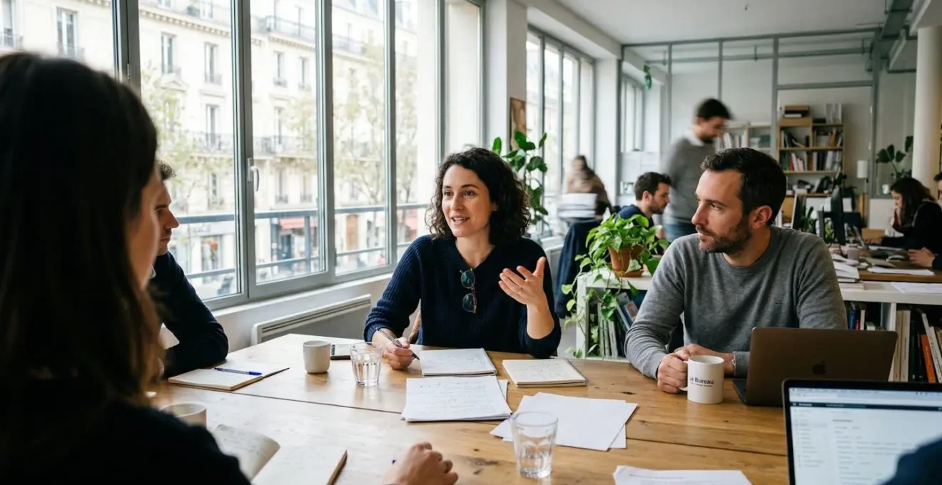 Un groupe de professionnels en tenue décontractée échange autour d'une table dans une salle de réunion lumineuse aux grandes baies vitrées