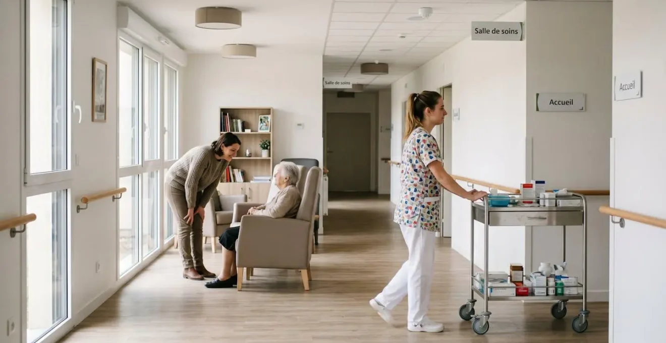 Couloir lumineux d'un EHPAD moderne avec une aide-soignante en blouse poussant un chariot de soins au premier plan, et une éducatrice spécialisée discutant avec un résident en arrière-plan, illustrant la diversité des métiers du secteur sanitaire et social