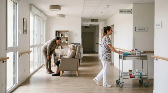 Couloir lumineux d'un EHPAD moderne avec une aide-soignante en blouse poussant un chariot de soins au premier plan, et une éducatrice spécialisée discutant avec un résident en arrière-plan, illustrant la diversité des métiers du secteur sanitaire et social