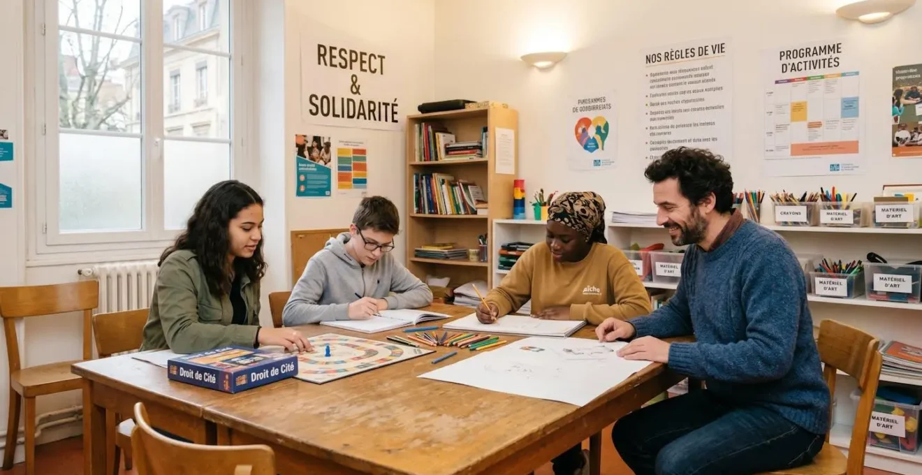 Éducateur spécialisé animant un atelier éducatif avec trois adolescents autour d'une table dans une salle d'activités lumineuse d'un centre social