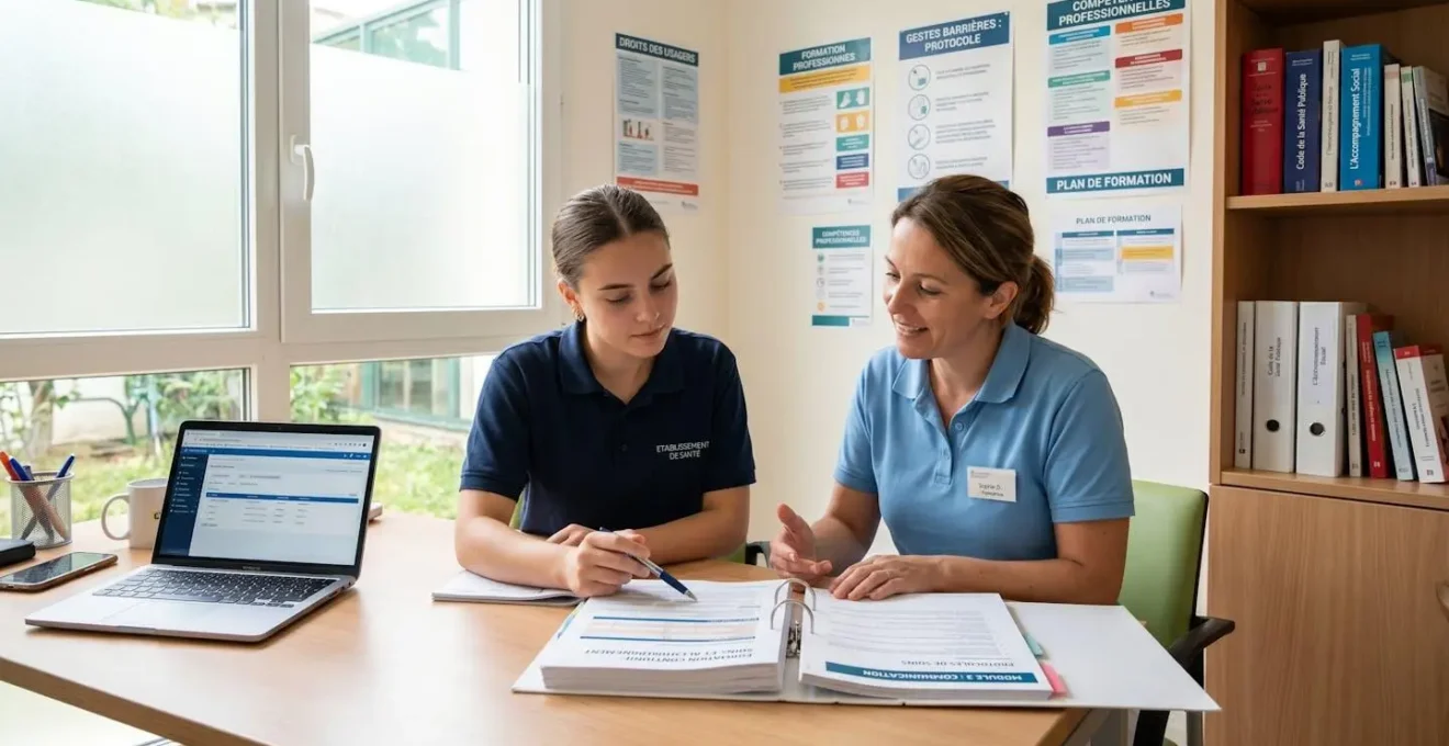 Jeune alternante en tenue professionnelle consultant un dossier avec sa tutrice dans un bureau de tutorat lumineux d'établissement de santé ou social