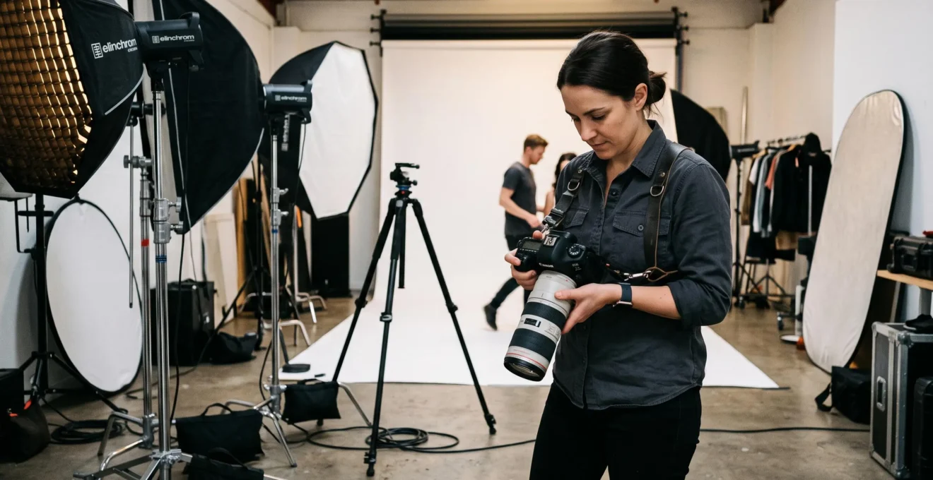 Photographe professionnel de 32 ans manipulant un appareil reflex dans un studio avec éclairages et réflecteurs professionnels visibles