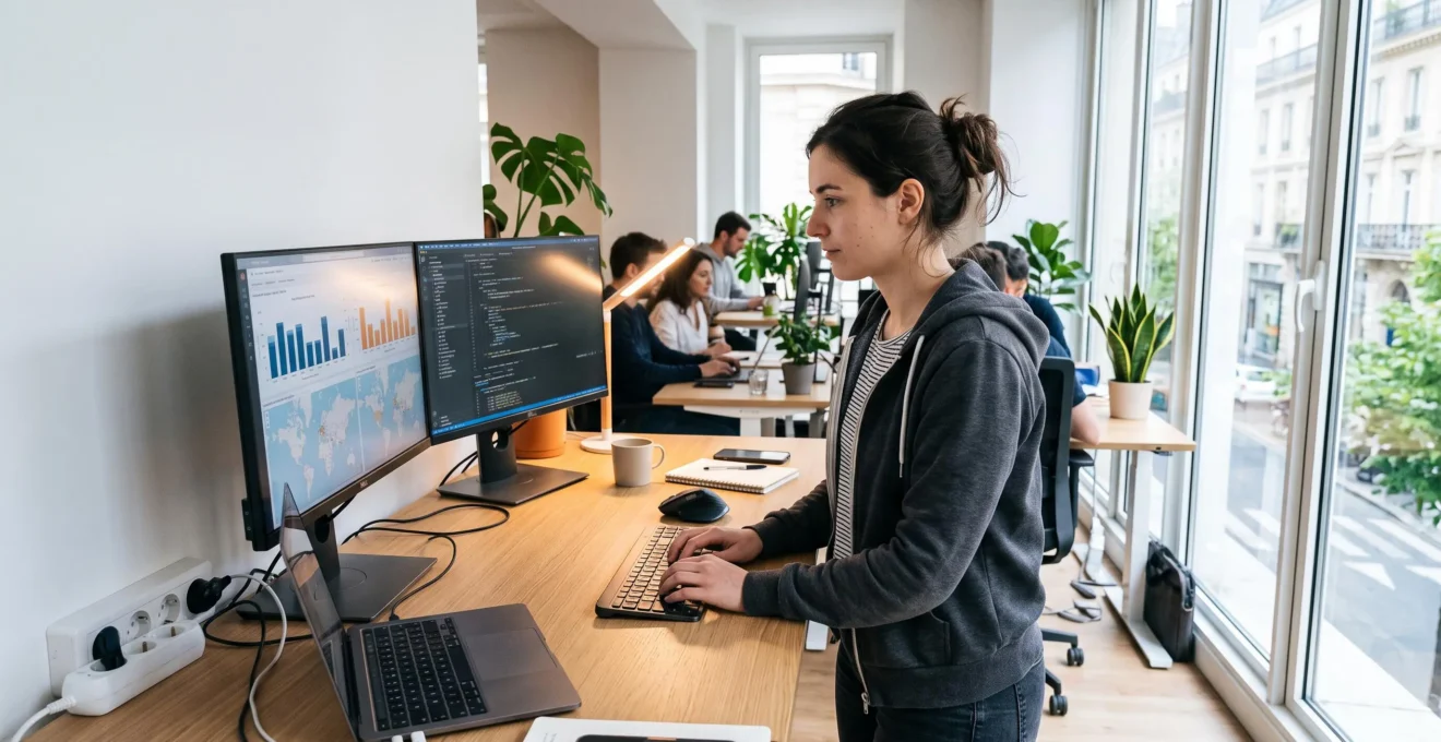 Professionnel de 28 ans travaillant sur deux écrans affichant visualisations de données et code dans un espace de coworking moderne lumineux