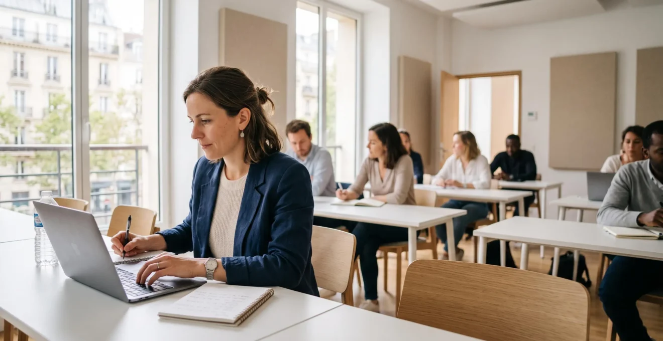 Professionnelle de 35 ans concentrée sur son ordinateur portable dans une salle de formation moderne lumineuse avec d'autres apprenants en arrière-plan