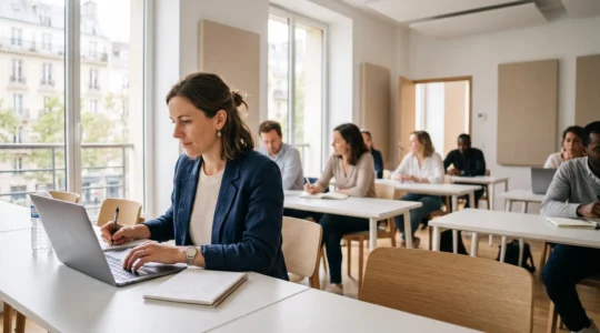 Professionnelle de 35 ans concentrée sur son ordinateur portable dans une salle de formation moderne lumineuse avec d'autres apprenants en arrière-plan