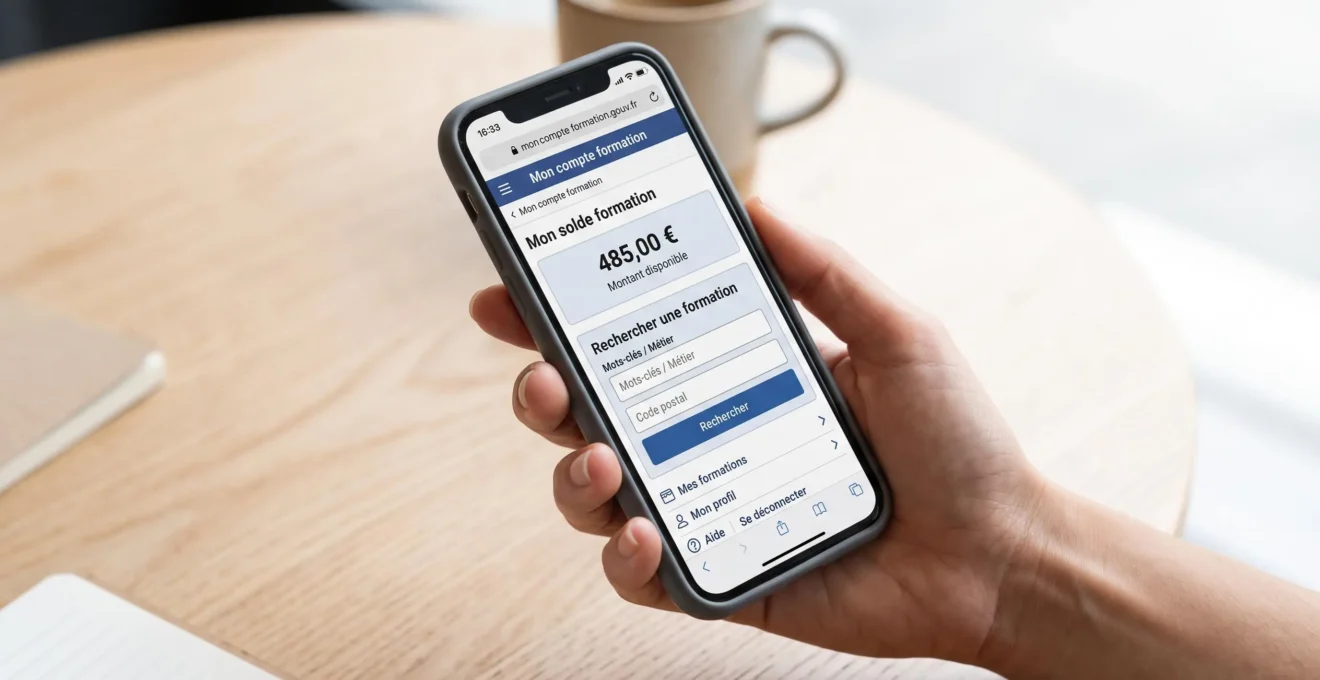 Smartphone affichant l'interface MonCompteFormation.gouv.fr avec le solde CPF en euros, tenu dans une main sur un bureau
