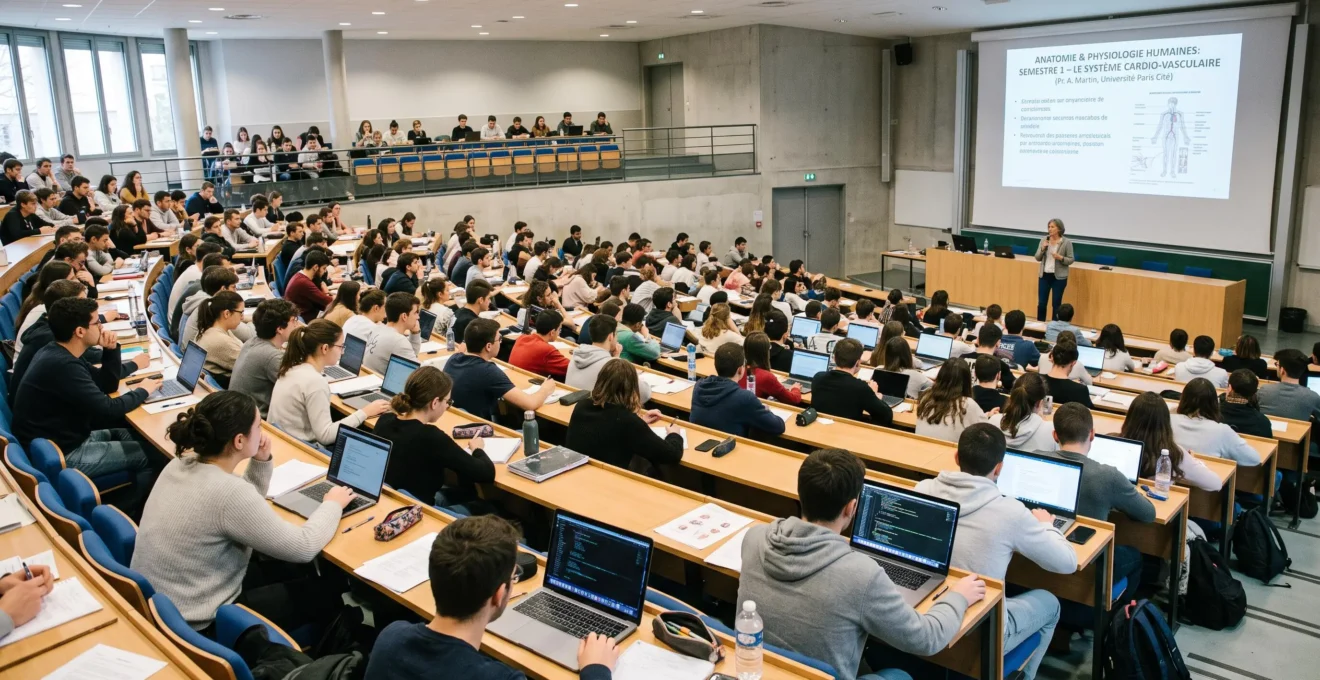 Amphithéâtre universitaire français avec étudiants en première année de santé suivant un cours magistral