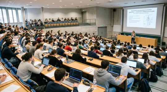 Amphithéâtre universitaire français avec étudiants en première année de santé suivant un cours magistral