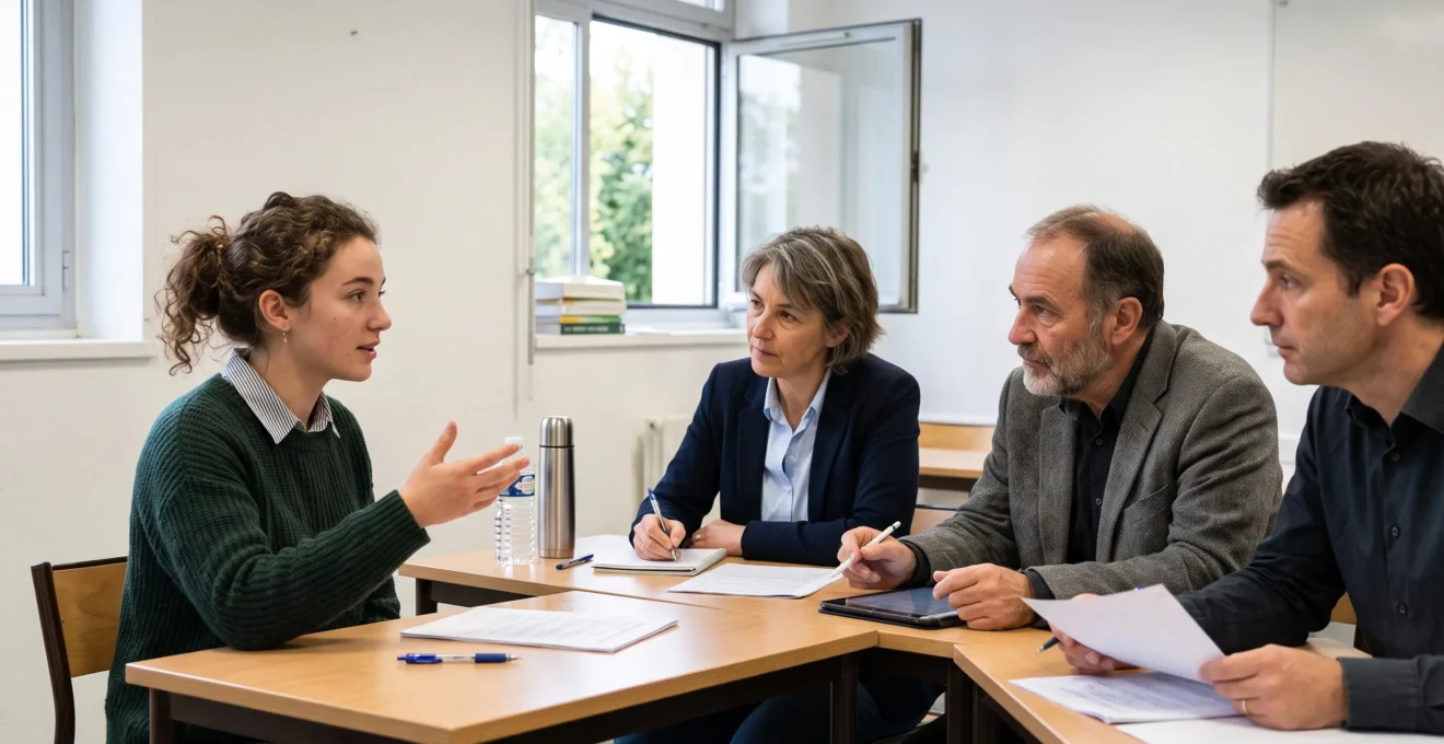 Étudiant en PASS lors d'un oral d'examen face à des examinateurs dans une salle universitaire