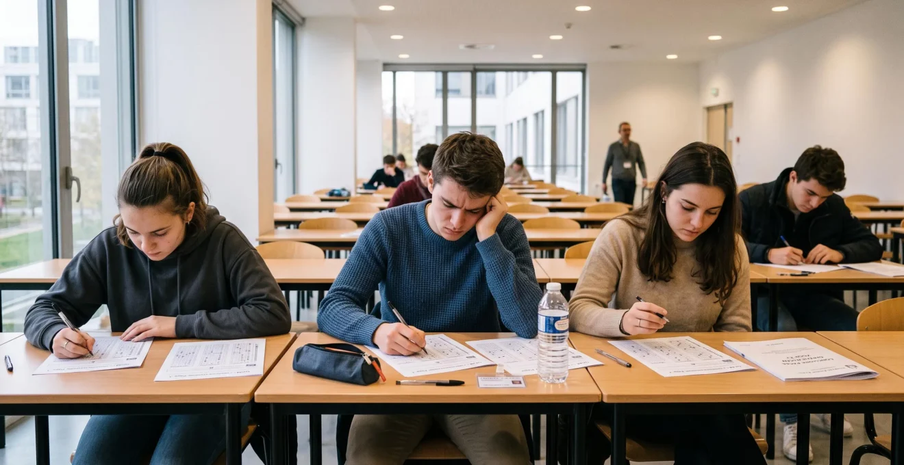 Étudiants passant un examen QCM dans une salle universitaire, concentrés sur leurs feuilles de réponses
