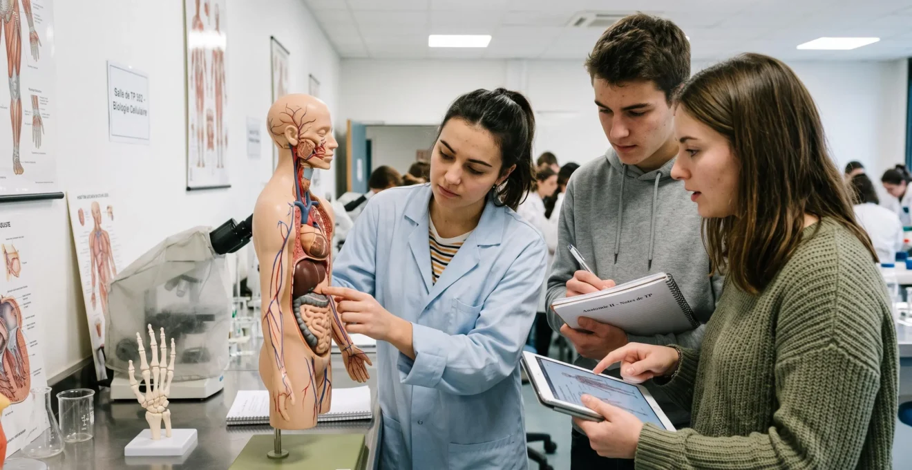 Étudiants en sciences de la santé manipulant un modèle anatomique lors d'un travaux pratiques en laboratoire universitaire